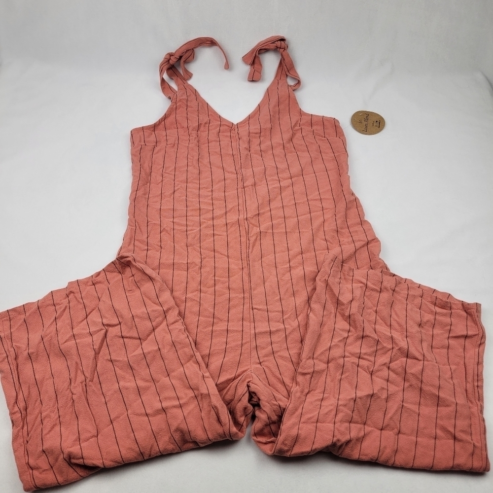 Urban Romantics salmon linen blend tie shoulder vneck jumsuit - Picture 3 of 6